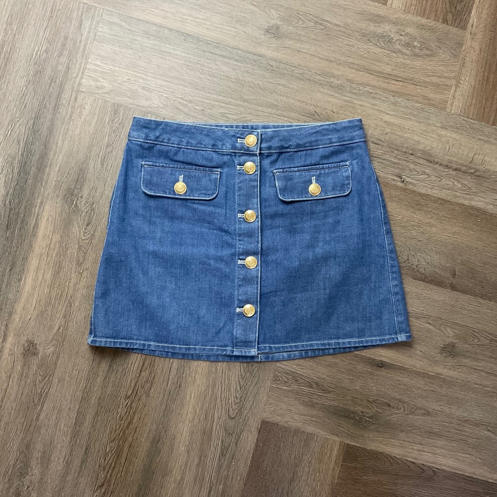 J.Crew Nautical Button Front Denim Mini Skirt Womens 4 Blue Gold Classy Preppy